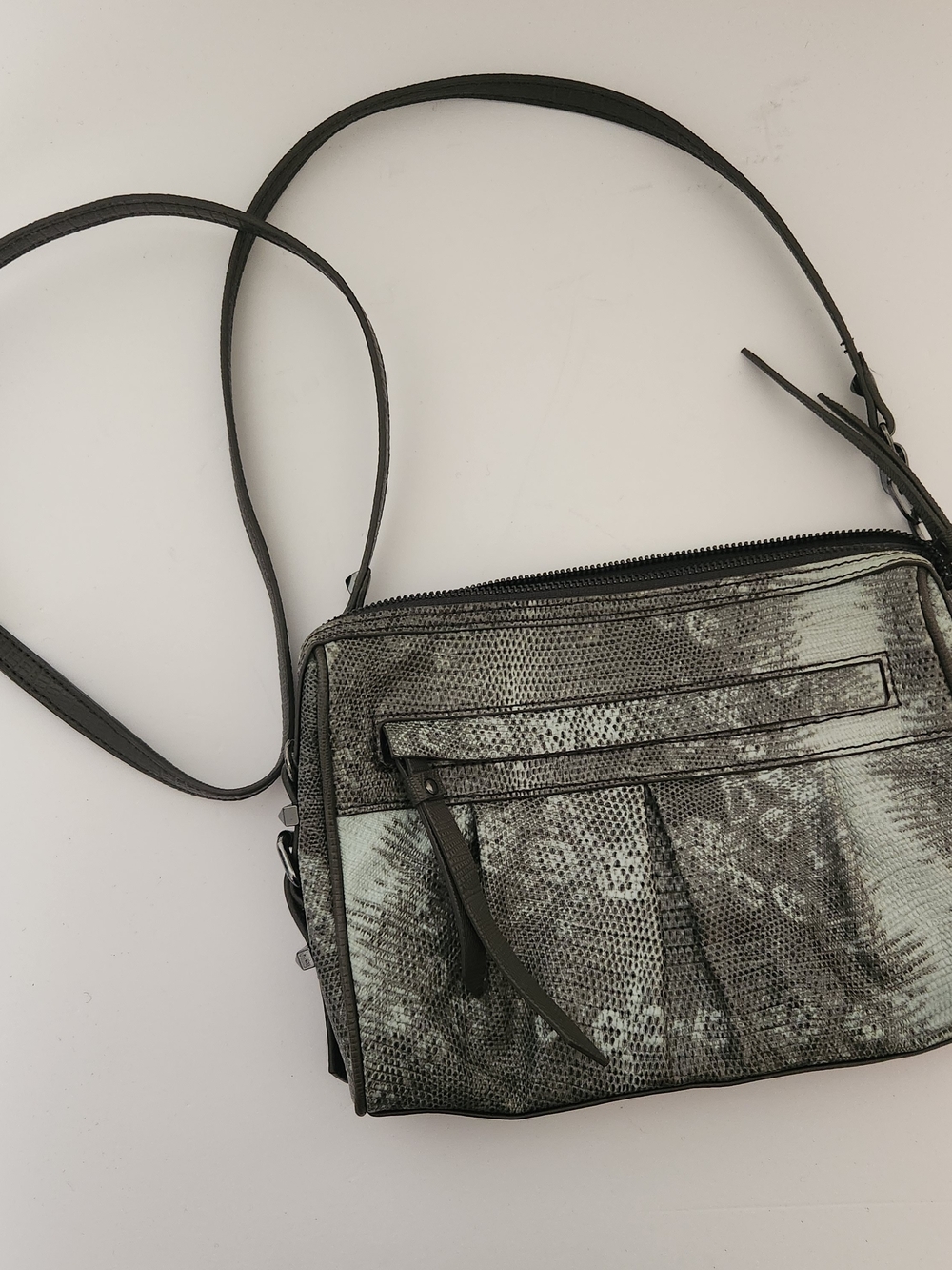 Leather Crossbody Bag in Green-Gray Snake Print